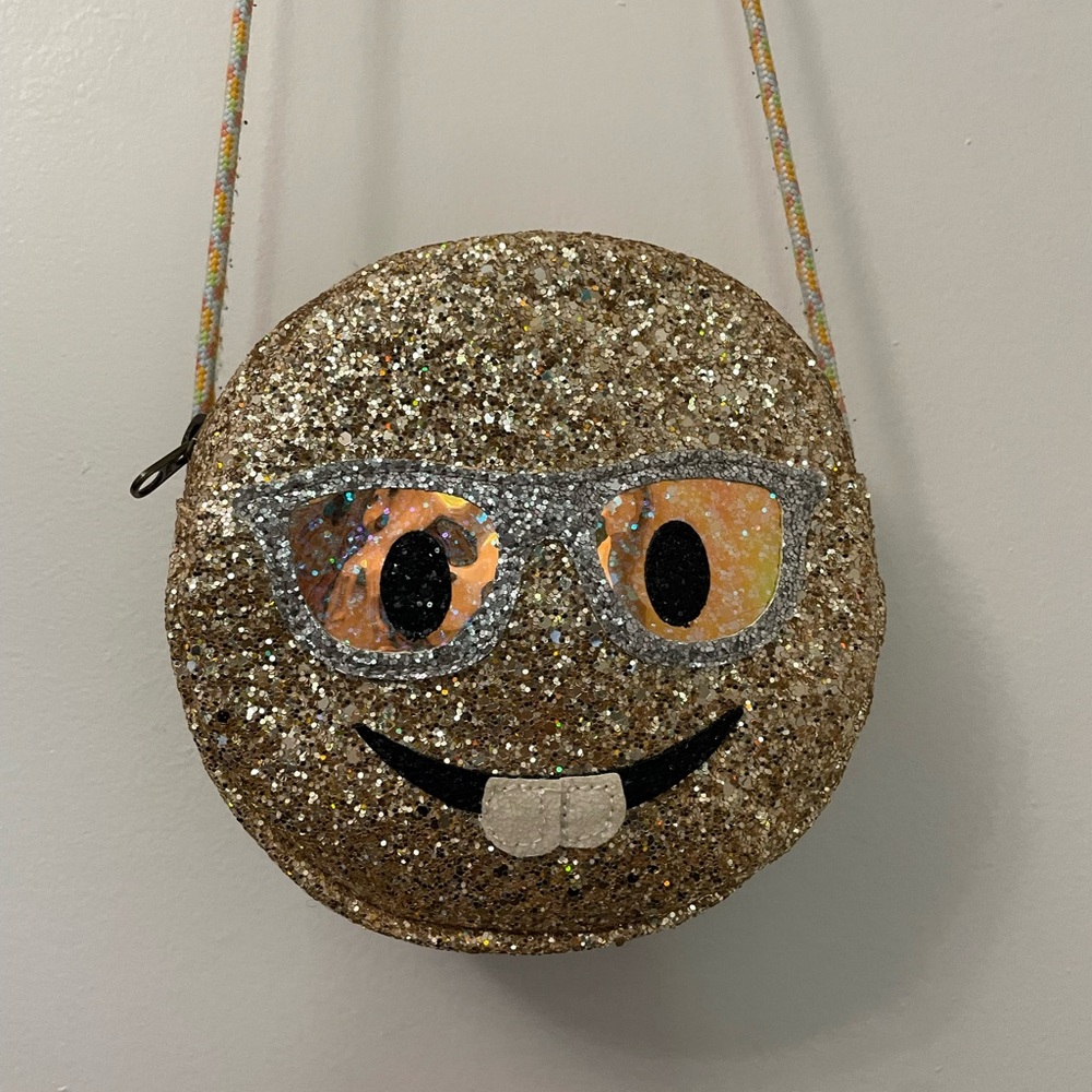 Gold Glitter Emoji Mini Crossbody Bag with Sunglasses